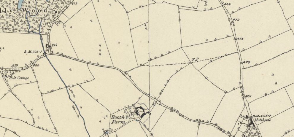 Old coloured map: Booth’s Farm on its lane, with Holly Wood and a brook to the west and the Malthouse at the lane’s far end