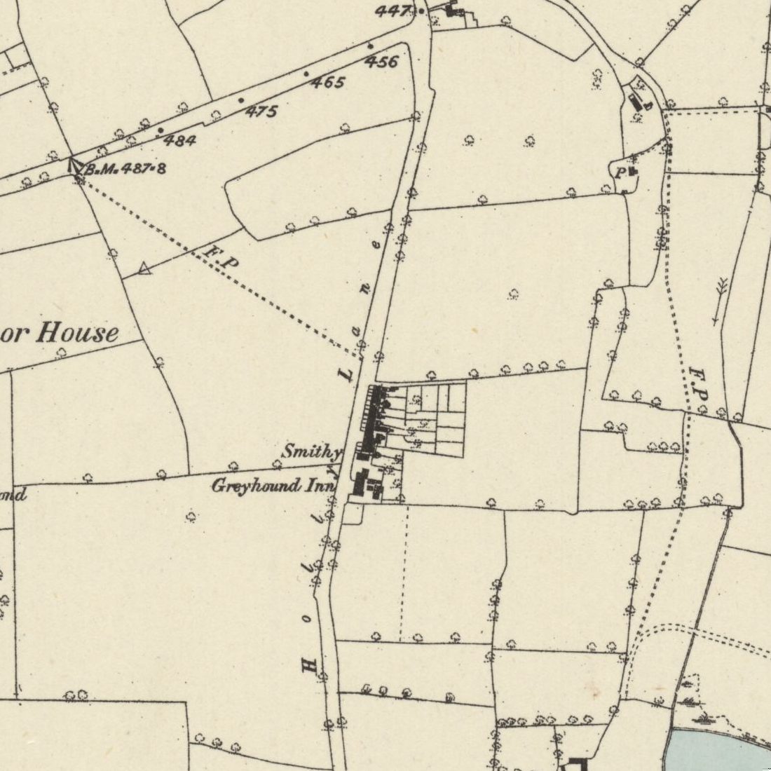 Old map of Holly Lane showing a row of buildings labelled Smithy and Greyhound Inn
