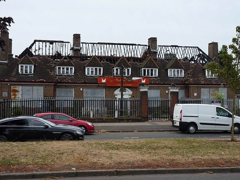 Fire-damaged pub building on Kingstanding Road