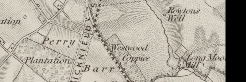 Strip of an early one-inch map with “ICKNIELD” lettered along a road running north towards Sutton Park