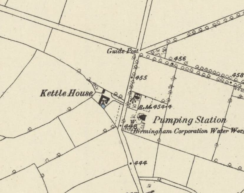 Old Ordnance Survey map showing Kettle House with a small pond beside it, west of the road junction marked Guide Post, and the pumping station across the road