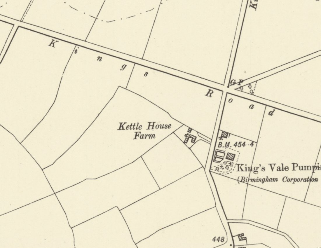 Ordnance Survey map of 1901 showing Kettle House Farm west of the crossroads of Kings Road and the road now called Kingstanding Road, with King’s Vale Pumping Station opposite