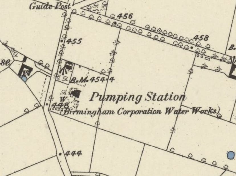 Older Ordnance Survey map showing a building labelled Pumping Station, Birmingham Corporation Water Works, with a well marked W
