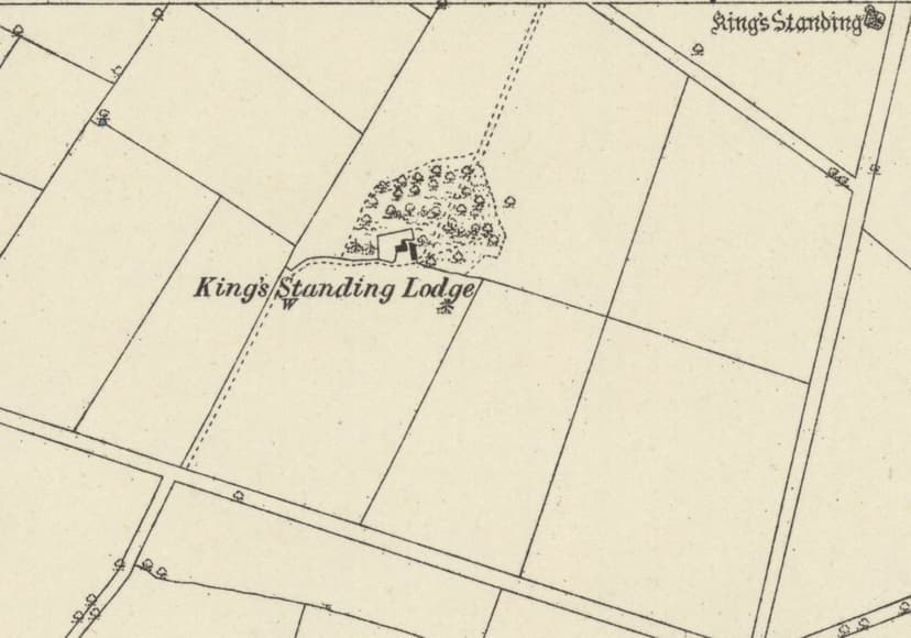 Ordnance Survey map of the 1880s showing King’s Standing Lodge beside a small wood among straight fields