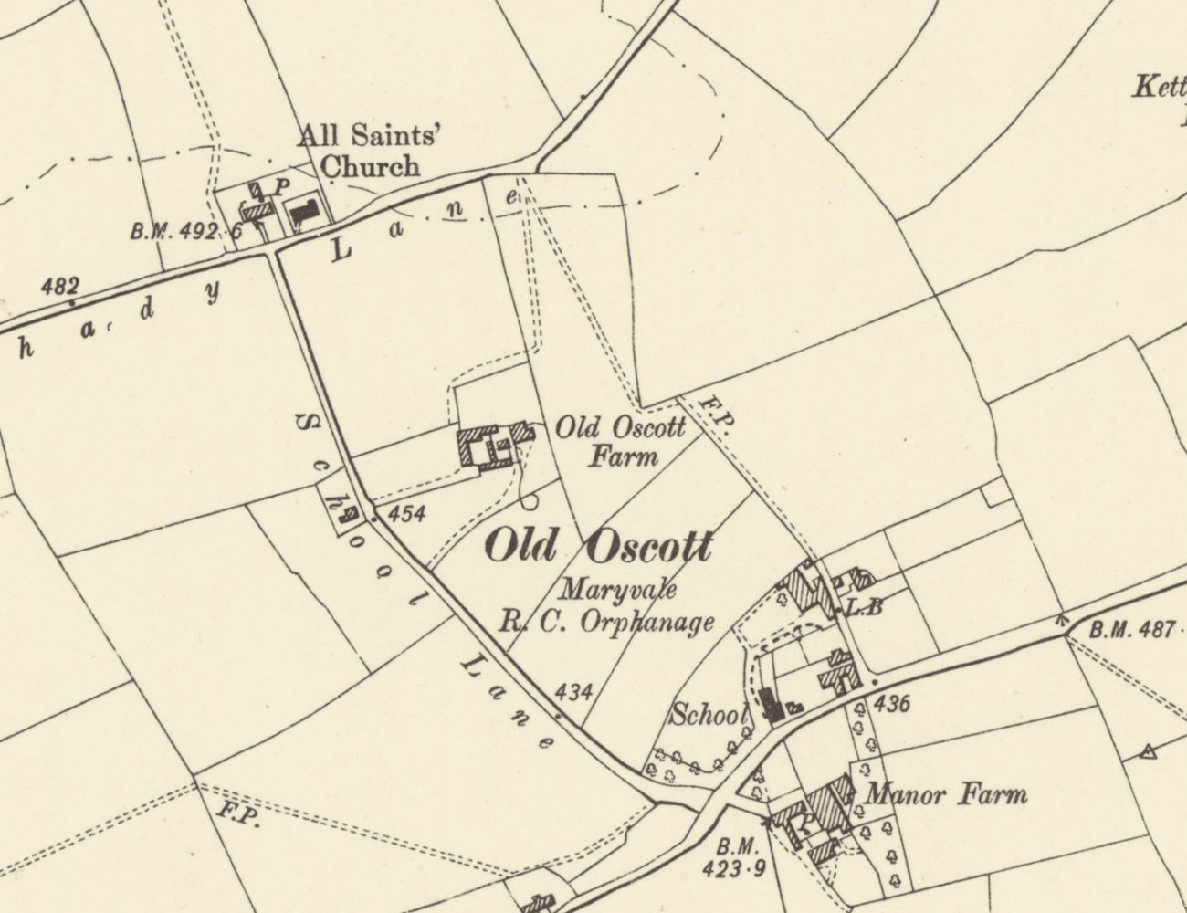 Old map: Old Oscott Farm on School Lane, All Saints’ Church on Shady Lane, Maryvale R.C. Orphanage and Manor Farm