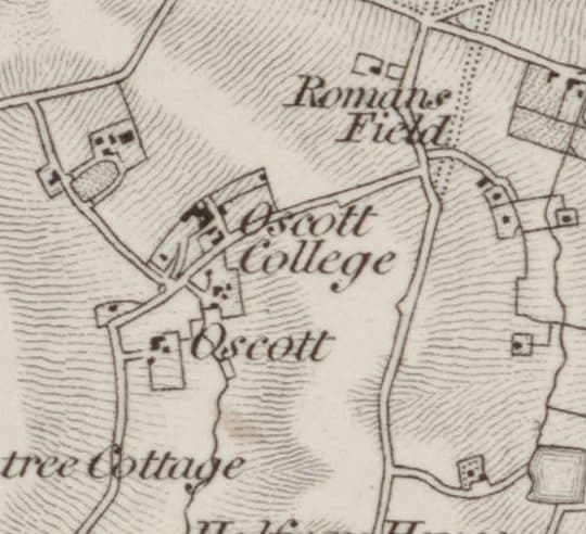 Early engraved map: “Oscott College” and “Oscott” among fields, with “Romans Field” to the east