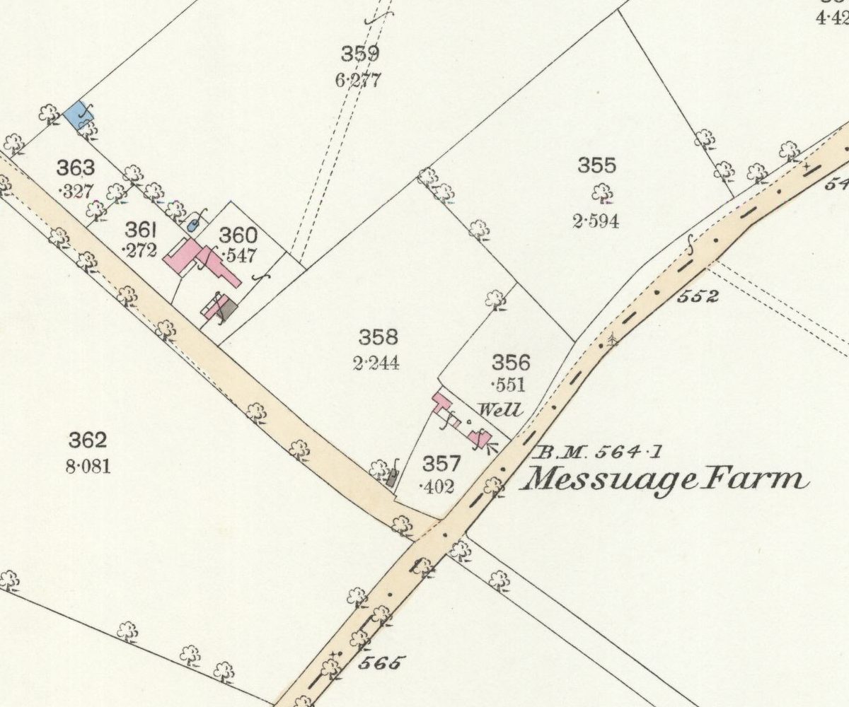 Detailed old map of Messuage Farm at the junction of two roads, with a well beside the farmhouse