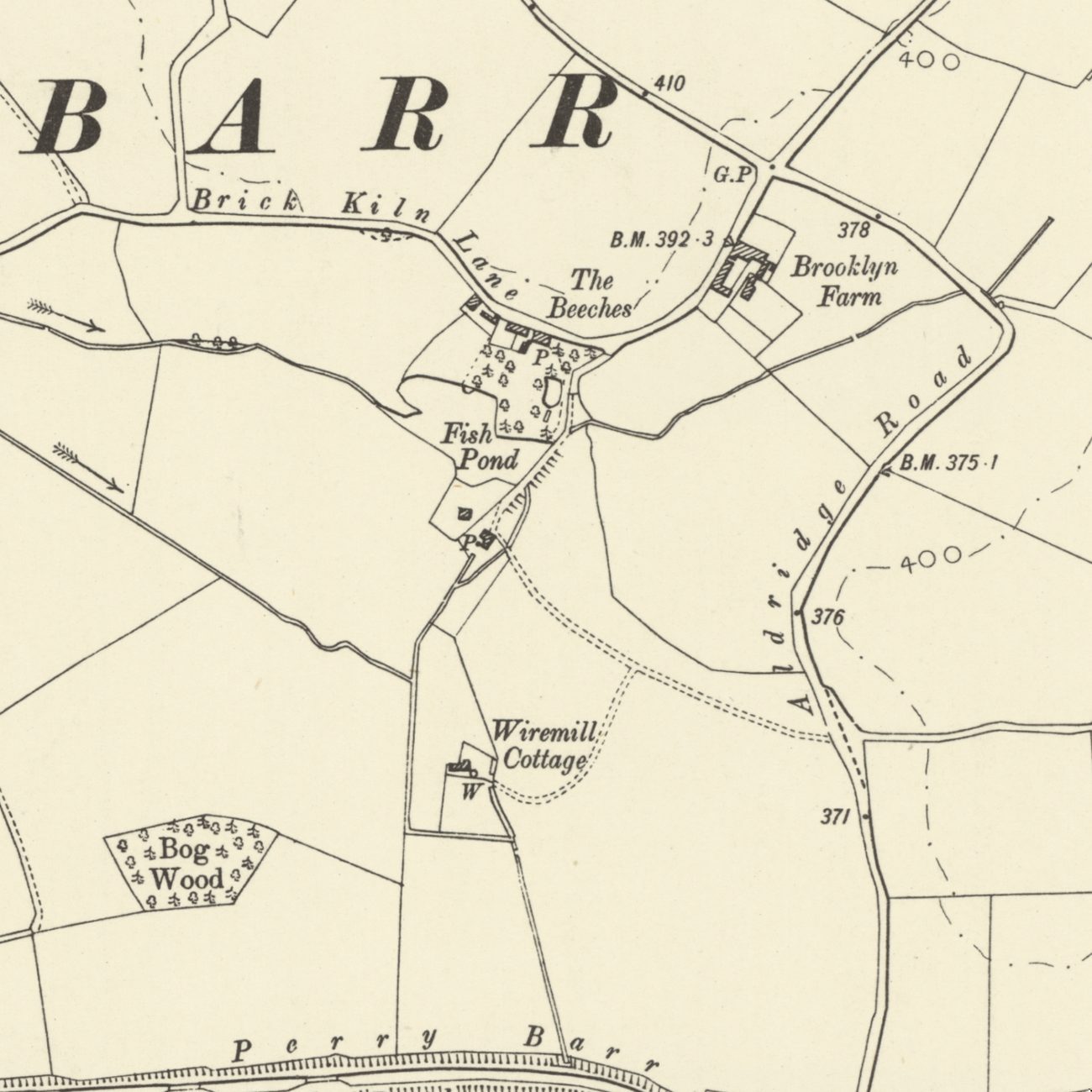 Old map: the Fish Pond below The Beeches, Wiremill Cottage further down the brook, Bog Wood and the canal at Perry Barr