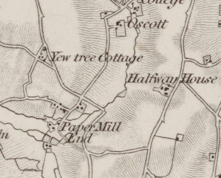 Early engraved map with “Paper Mill End” lettered beside a stream, and “Yew tree Cottage” and “Oscott” to the north
