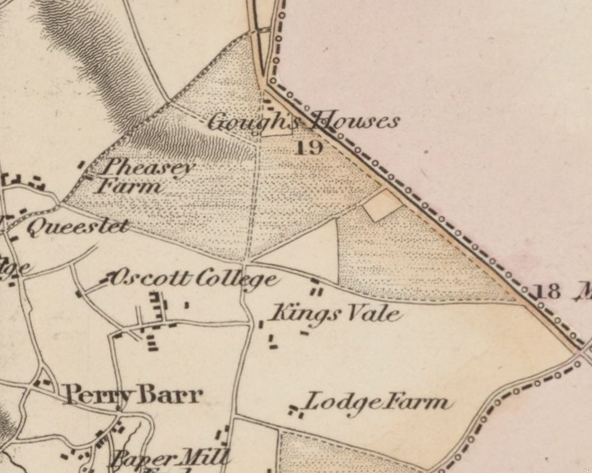 Coloured county map of 1820 with dotted shading for open heath between Pheasey Farm, Gough’s Houses and the Chester Road, and Kings Vale and Lodge Farm to the south