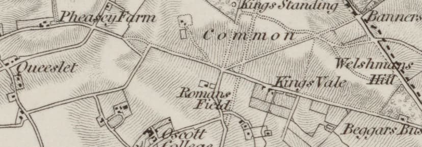 Engraved one-inch map strip with the word Common lettered across open ground below Kings Standing, with Pheasey Farm, Queeslet and Kings Vale