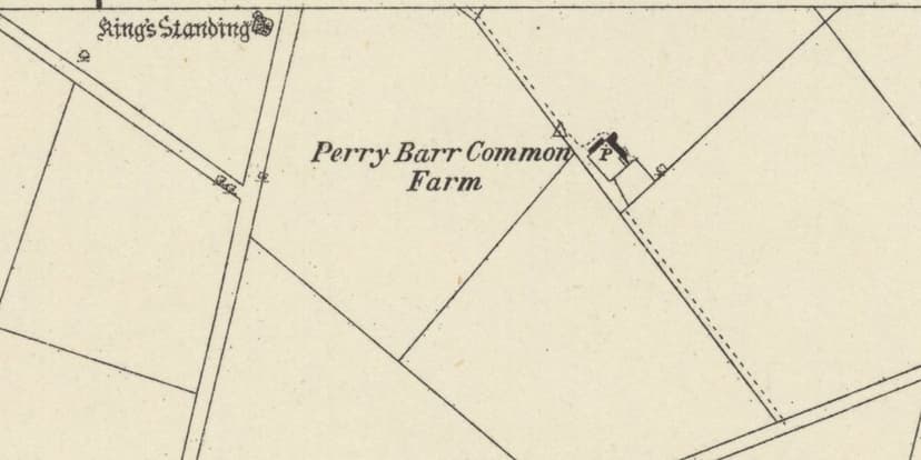 Ordnance Survey map of the 1880s showing large straight-sided fields with Perry Barr Common Farm and the King’s Standing mound