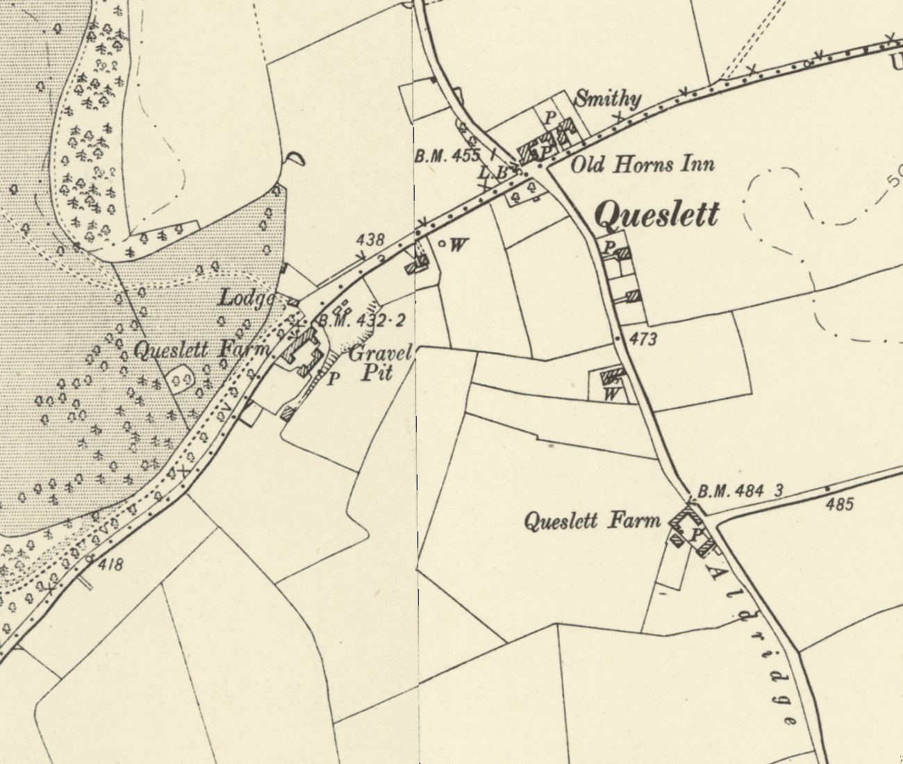Old map: a small “Lodge” at the edge of Great Barr Park beside Queslett Road, with Queslett Farm and a Gravel Pit opposite, the Old Horns Inn and Smithy to the east, and a second Queslett Farm on Aldridge Road