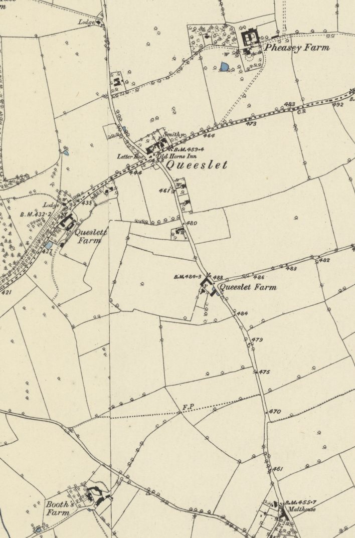 Old coloured map: Queeslet hamlet with the Old Horns Inn and Smithy, the Lodge and Queslett Farm on the road to the west, Pheasey Farm to the north and Booth’s Farm at the bottom