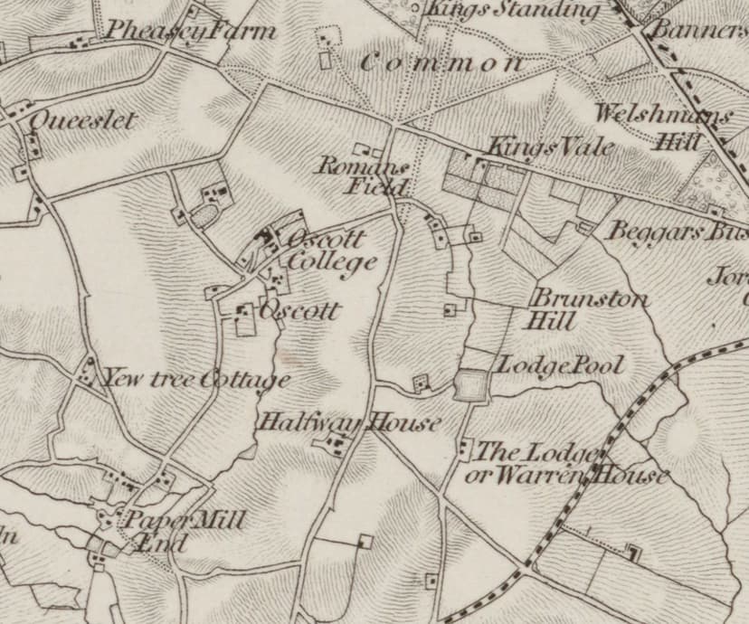 Engraved one-inch map showing Romans Field beside the road north of Oscott College, with Kings Vale, Kings Standing, the Common, Lodge Pool and The Lodge or Warren House