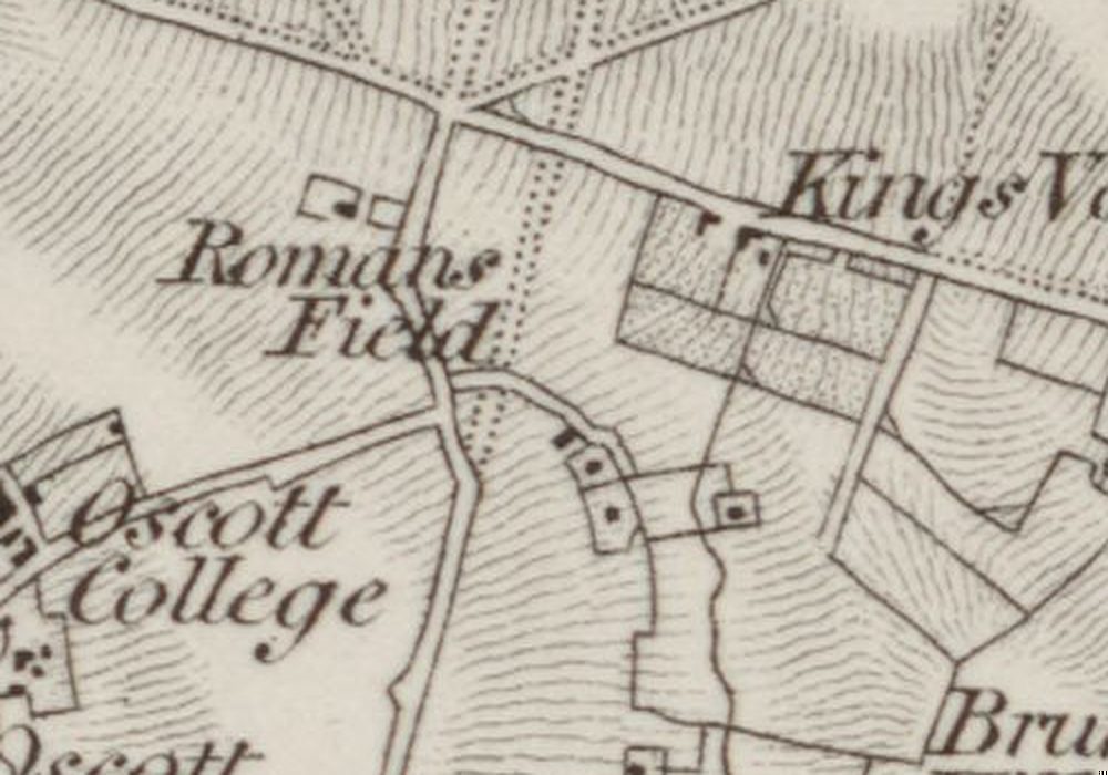 Close-up of the engraved map with the words Romans Field beside a road junction, Oscott College to the south-west and Kings Vale to the east