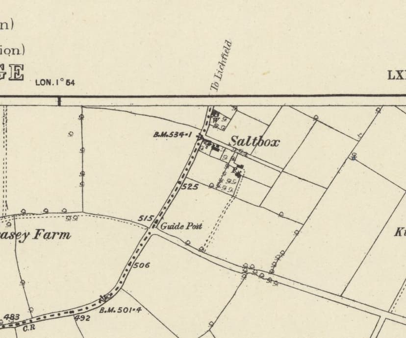 Old Ordnance Survey map showing the word Saltbox beside a few small buildings on a road marked To Lichfield, with a guide post and straight field boundaries