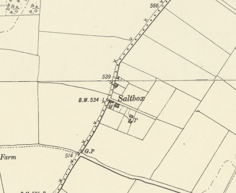 Ordnance Survey map of 1901 showing Saltbox as a few hatched buildings with a well and a pump beside the road north from Queslett