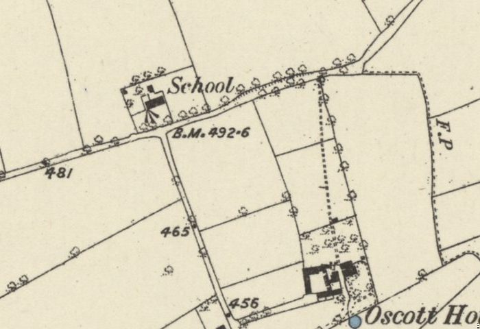 Old map: a small building marked “School” in a plot on the north side of a lane, with a lane running south from it towards Oscott House