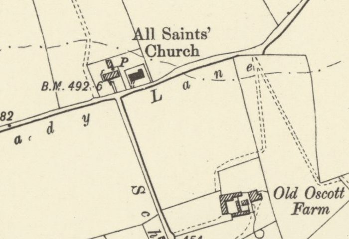 Old map: “All Saints’ Church” on the north side of Shady Lane, at the top of School Lane, with Old Oscott Farm to the south