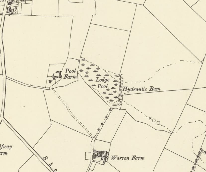 Old map showing Pool Farm, the marshy Lodge Pool with a hydraulic ram at its eastern end, and Warren Farm to the south