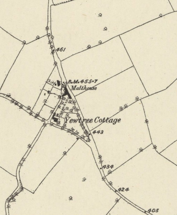 Old map: “Yewtree Cottage” beside a lane junction, with a Malthouse just to the north
