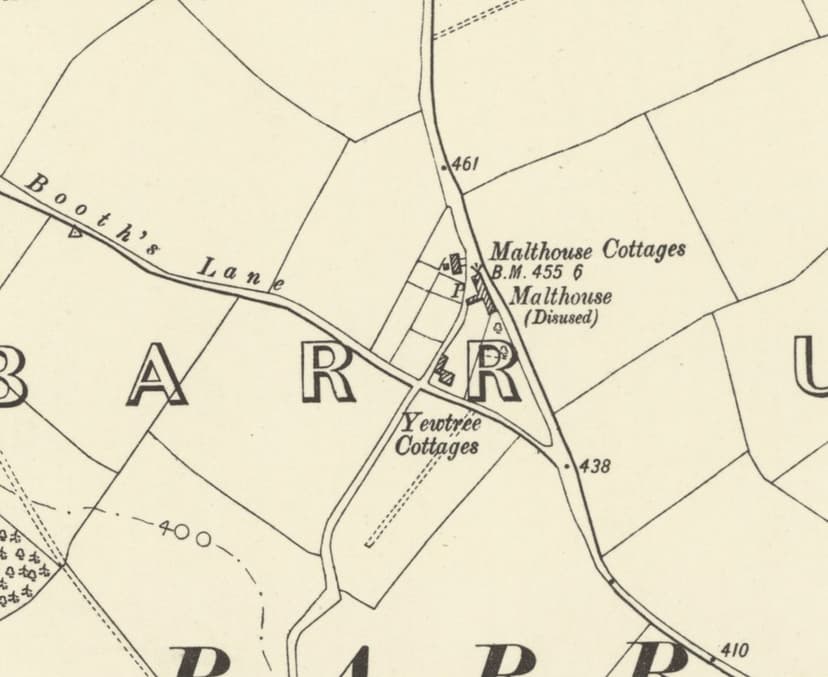Old map: “Yewtree Cottages” where Booth’s Lane meets the Aldridge road, with Booth’s Farm to the west and the disused Malthouse and Malthouse Cottages to the north