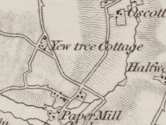 Early engraved map with “Yew tree Cottage” lettered at a lane junction, and “Oscott” to the north-east