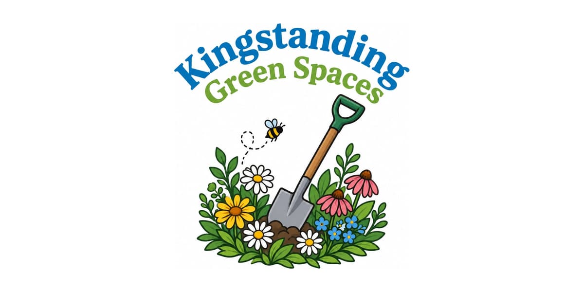 The Kingstanding Green Spaces logo — a spade in the soil among daisies, coneflowers and forget-me-nots, with a bumblebee flying overhead