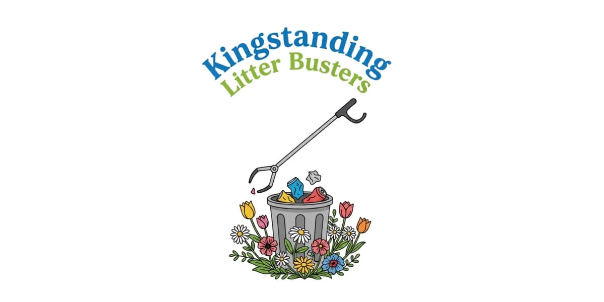 The Kingstanding Litter Busters logo — a litter picker dropping rubbish into a bin surrounded by flowers