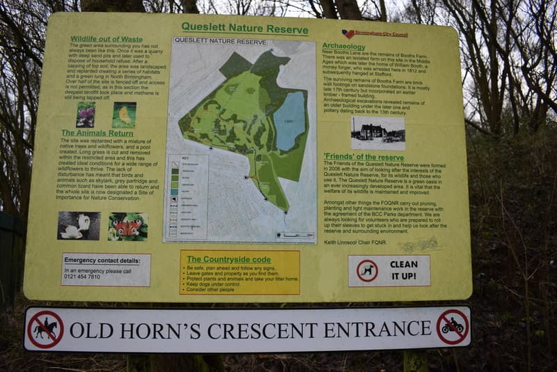The Queslett Nature Reserve information board, with a map of the reserve and sections on wildlife, archaeology and the Friends, above an "Old Horn’s Crescent Entrance" sign