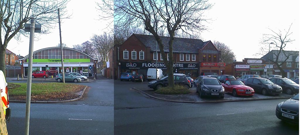 Two photographs joined side by side: on the left a modern Co-operative Food store with a curved, barrel-vaulted roof and glazed front; on the right an older two-storey red-brick shop building with gables, now a flooring centre, with cars parked in front.