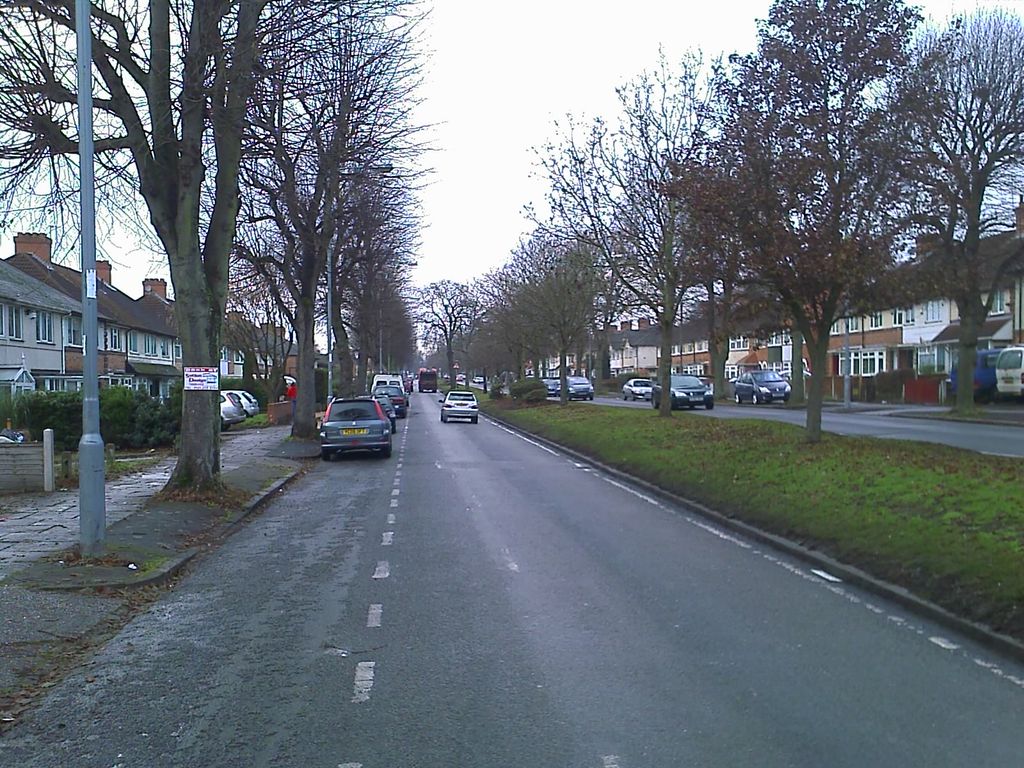 A long straight dual carriageway lined with bare trees and a wide grass central reservation, with semi-detached houses on both sides and parked cars along the kerb.
