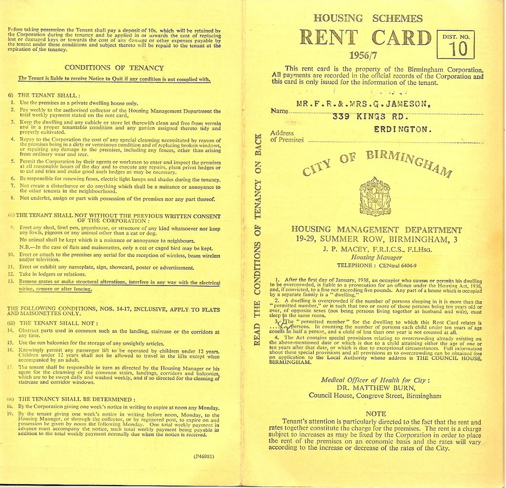 An opened yellow Birmingham Corporation “Housing Schemes Rent Card 1956/7, Dist. No. 10”, with the City of Birmingham arms, the Housing Management Department’s address and, on the left, the printed “Conditions of Tenancy” – among them no fowl-pens or pigeons, no animals except a cat or dog, and no lodgers or wireless aerials without the Corporation’s consent.