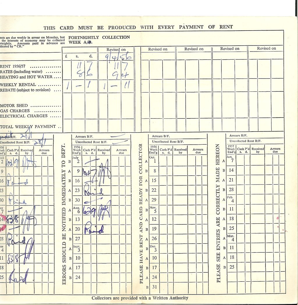 The inside of the rent card: a grid of weekly payment boxes for 1956–57, with handwritten amounts, collectors’ initials and “Paid” entries for the weeks of spring and summer 1956, and printed notes that the card must be produced with every payment of rent.