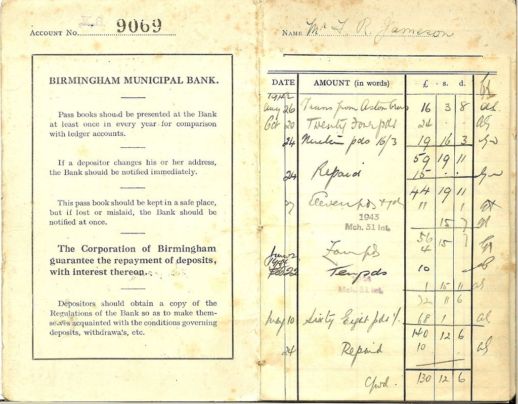 An open bank book: the left page prints the bank’s rules and “The Corporation of Birmingham guarantee the repayment of deposits, with interest thereon”; the right page is the account of Mr F R Jameson, with handwritten deposits and repayments from 1942 to 1944 and interest stamps for March 1943 and 1944.