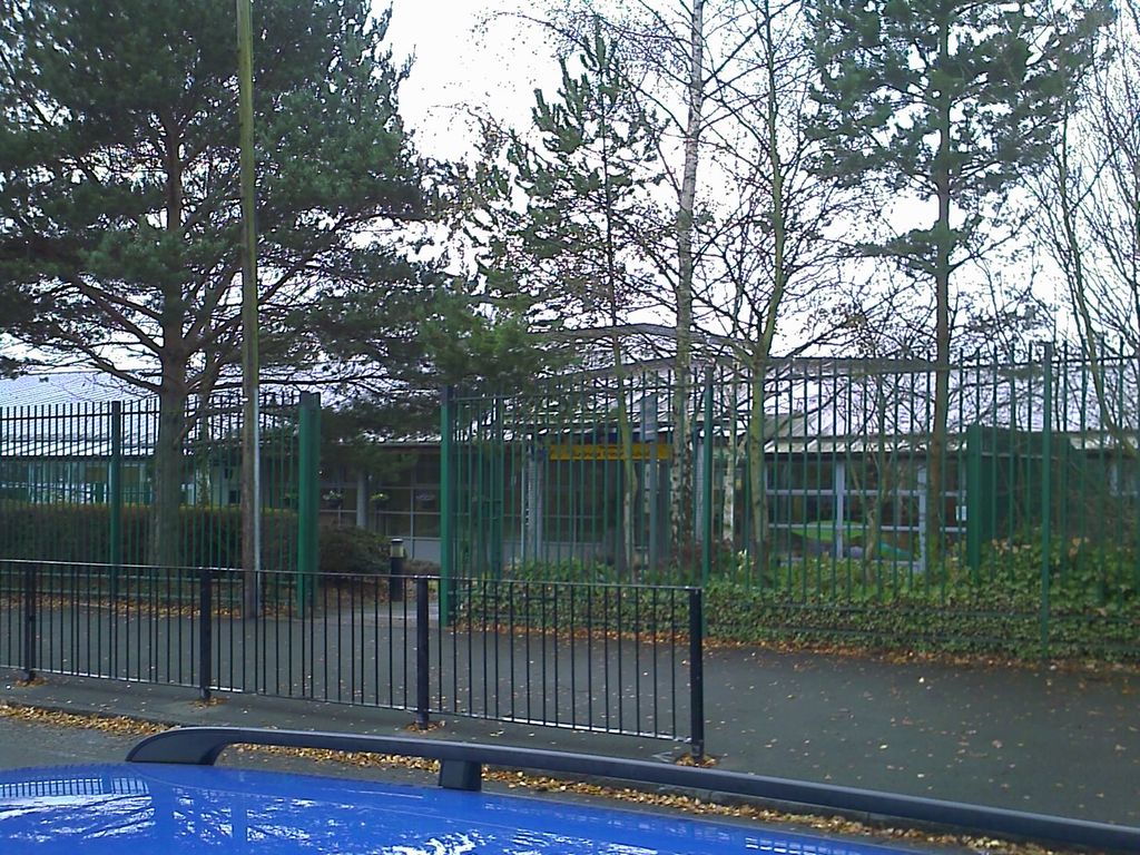 Low, flat-roofed school buildings with large windows, half hidden behind pine and birch trees and tall green security railings; the roof of a blue car is in the foreground.