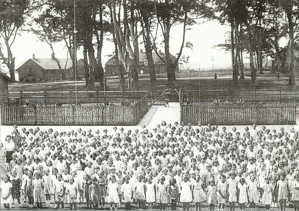 Hundreds of girls in summer dresses stand massed in rows on a school field, a few teachers at the left, in front of a paling fence with a gateway; tall pines and houses stand beyond.
