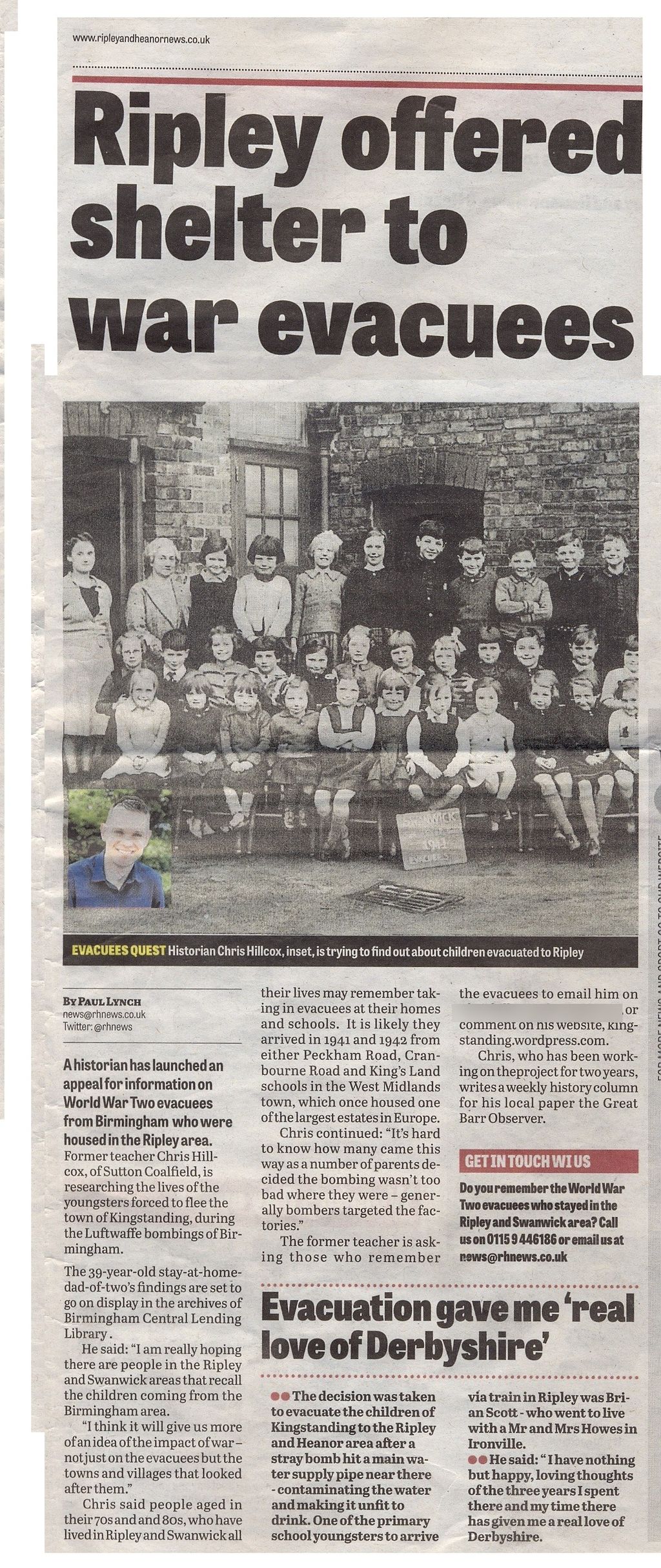 A newspaper page headed “Ripley offered shelter to war evacuees”, with the 1941 photograph of Kingstanding evacuees at Swanwick and an inset portrait of Chris Hillcox, two columns of text and a second story headed “Evacuation gave me ‘real love of Derbyshire’”.