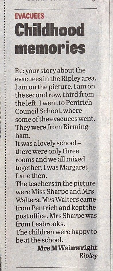 A narrow newspaper column headed “Evacuees – Childhood memories”: a reader’s letter signed “Mrs M Wainwright, Ripley”.