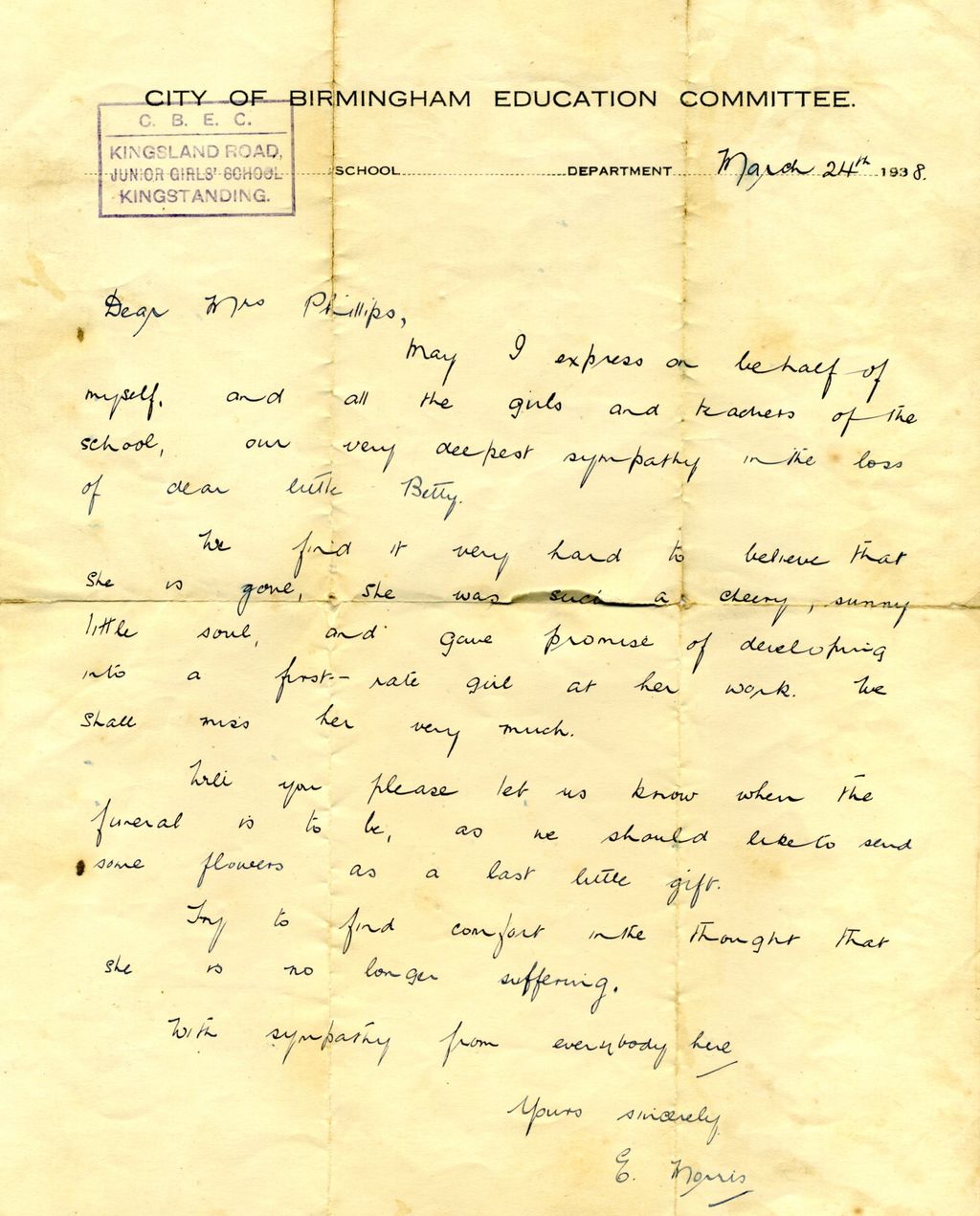 A handwritten letter on folded City of Birmingham Education Committee paper, stamped “C.B.E.C. Kingsland Road Junior Girls’ School, Kingstanding” and dated 24 March 1938.