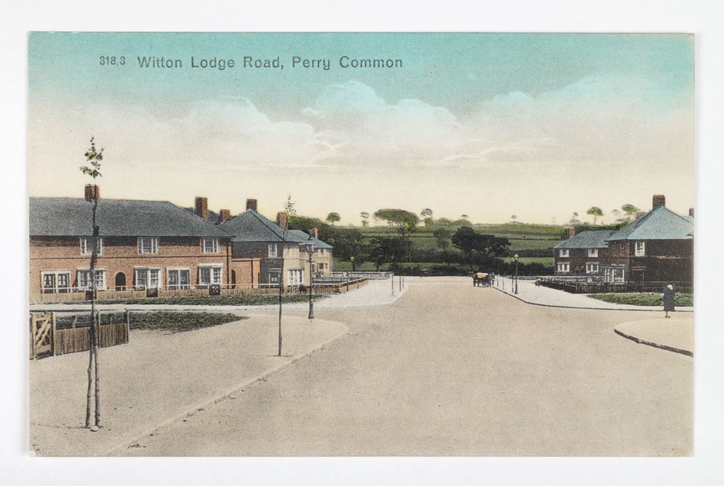 Hand-coloured postcard of new council houses on Witton Lodge Road, Perry Common, with young street trees and fields behind