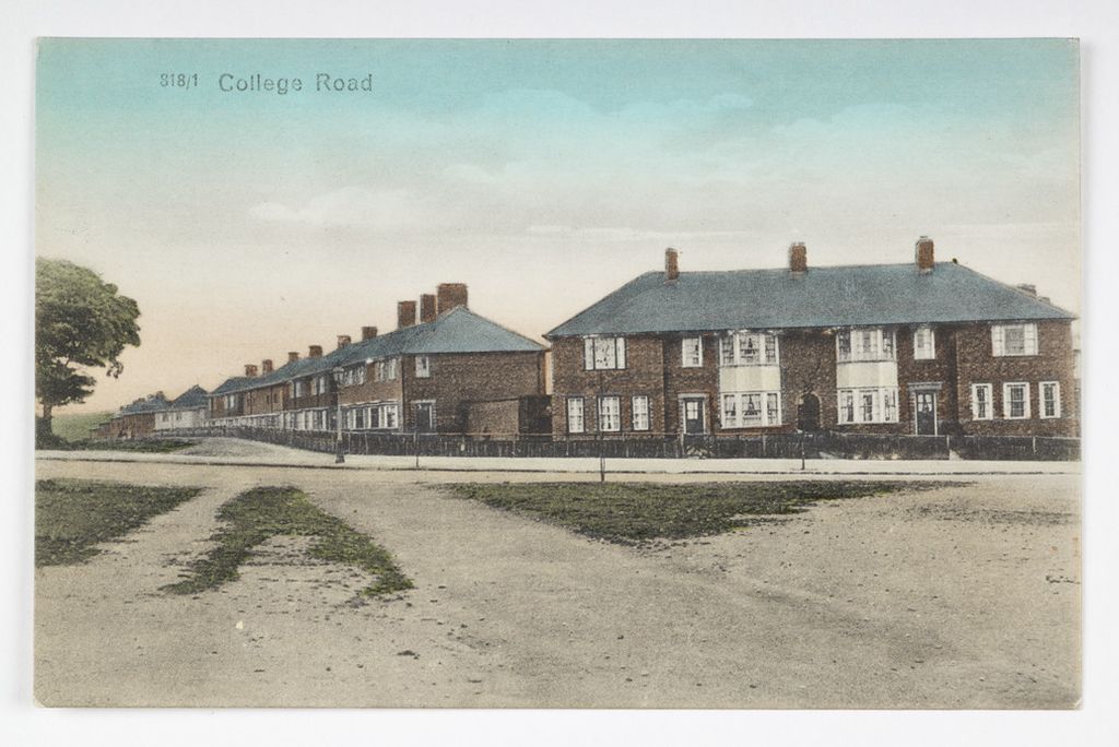 Hand-coloured postcard titled '318/1 College Road' showing new blocks of brick council houses behind low fences, with a wide unmade verge in front