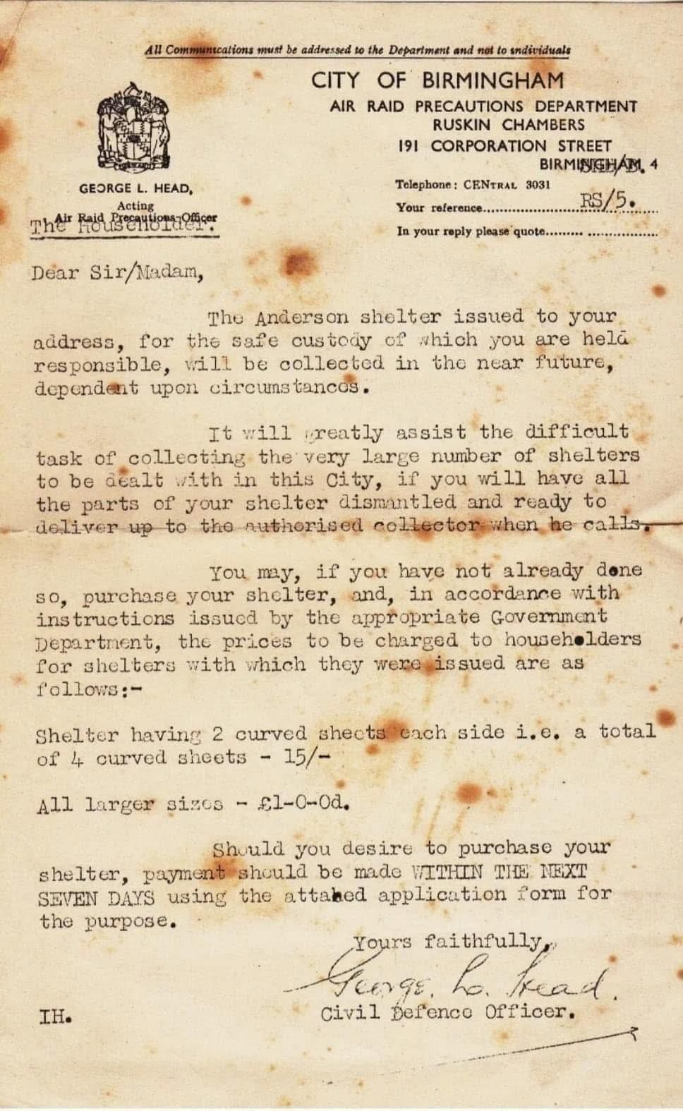Foxed typed letter from the City of Birmingham Air Raid Precautions Department telling householders their Anderson shelter will be collected, or can be bought for 15s.