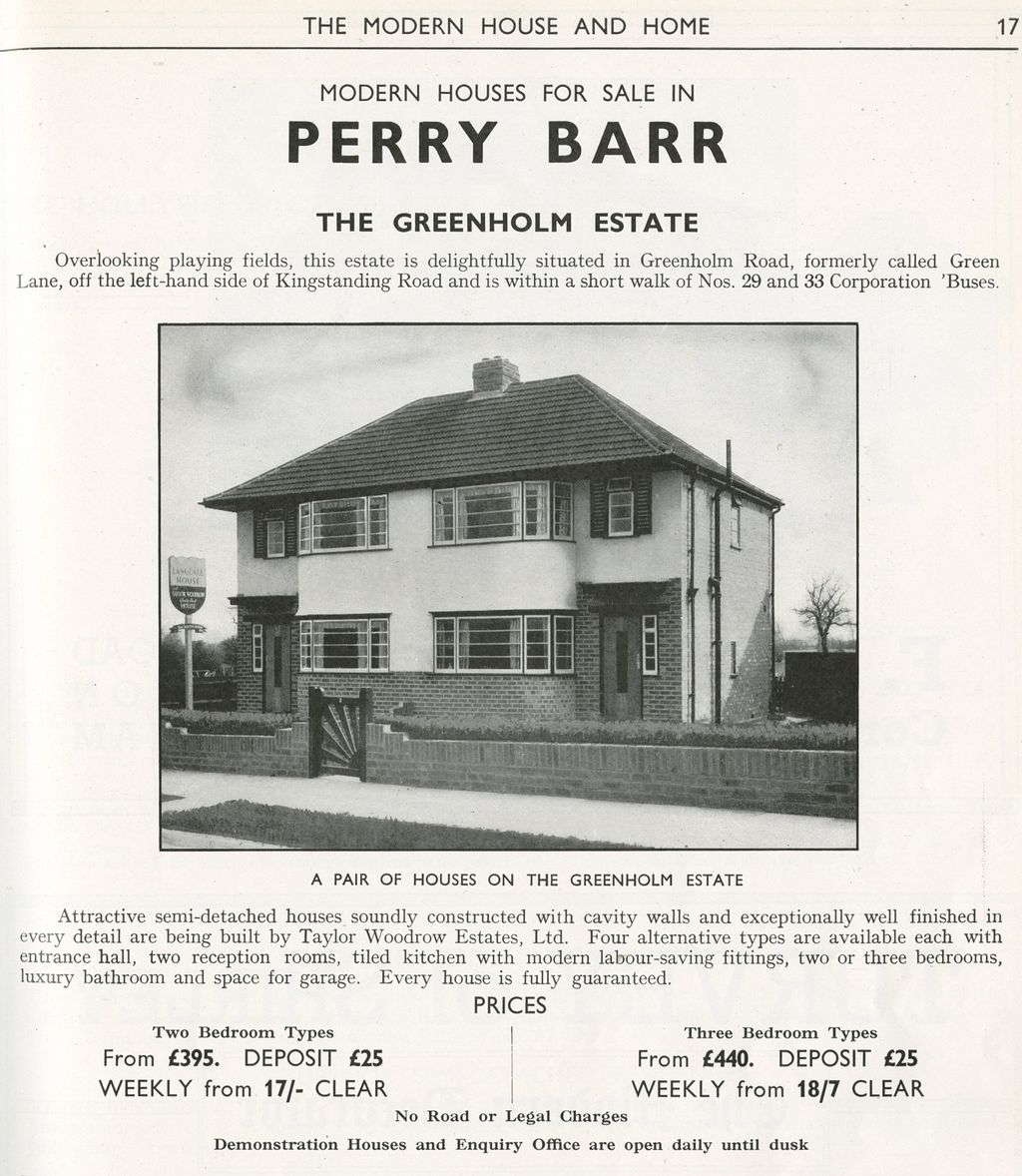 Magazine advert from February 1939 for new semi-detached houses on the Greenholm Estate off Kingstanding Road, with a photograph and prices