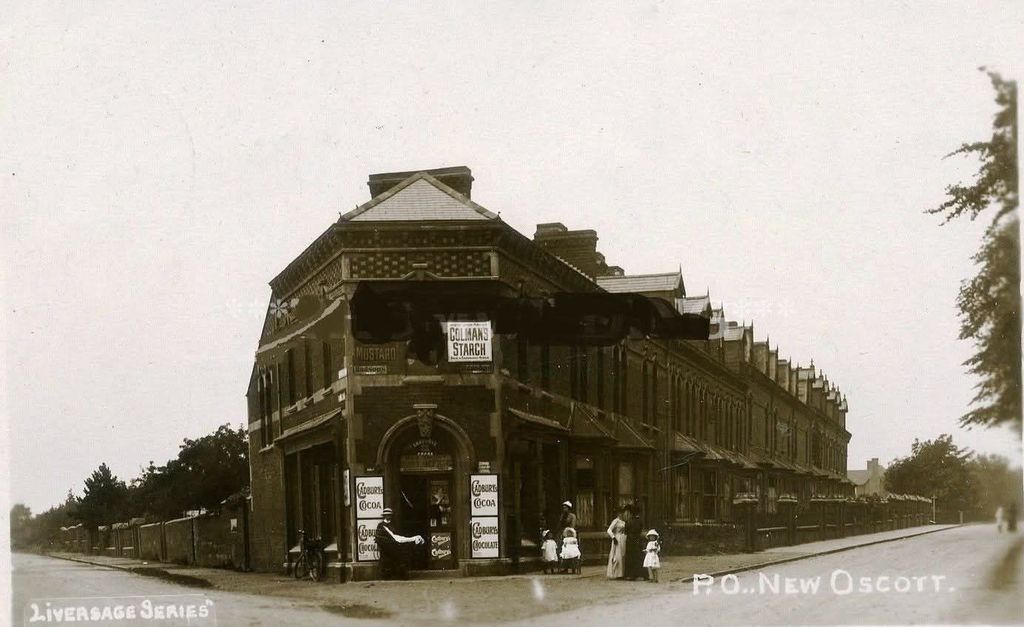 Edwardian postcard of the corner post office and shop at New Oscott in 1903, with people standing outside