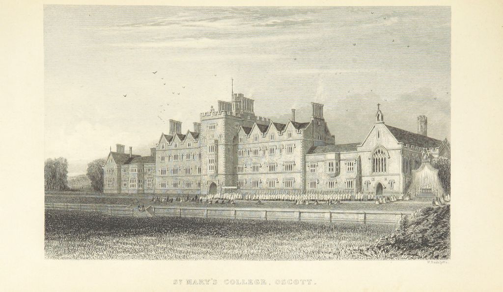 Engraving of St Mary’s College, Oscott, in 1839: the long Gothic college building across open lawns