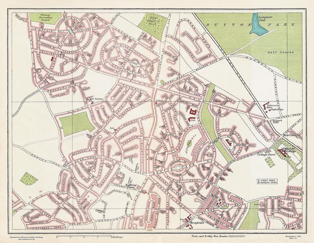 Map from a 1939 street atlas of Birmingham showing the Kingstanding estate’s streets, with Sutton Park at the top right