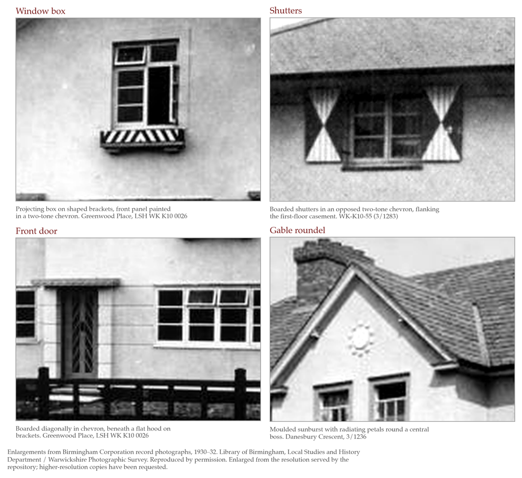 Four enlarged black-and-white details of houses: a window box on shaped brackets, chevron-painted shutters, a front door with chevron boarding, and a sunburst roundel in a gable.
