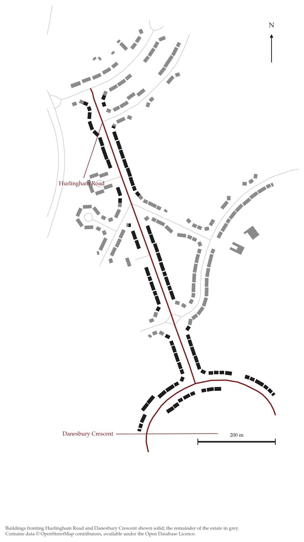 Black-and-white figure-ground plan: the buildings fronting Hurlingham Road and Danesbury Crescent in solid black along a straight line ending in a curve, other buildings in grey.